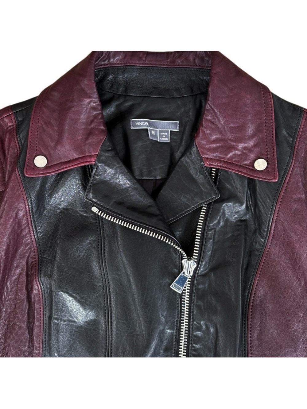 VINCE Lambskin Leather Two Tone Moto Jacket Black Burgundy Women’s Size M EUC - Picture 3 of 14